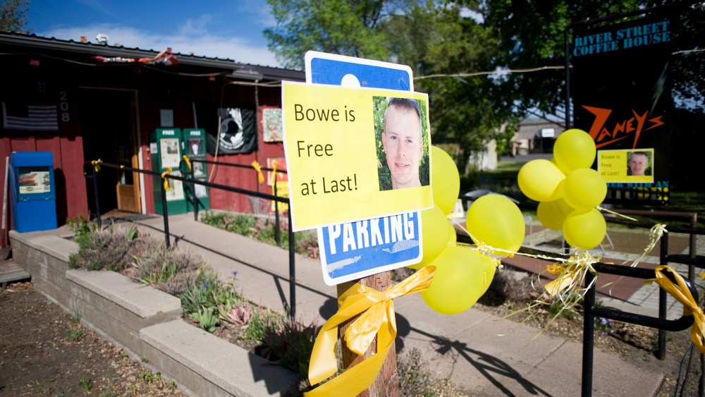 Signs of support with images of U.S. Army Sergeant Bowe Bergdahl are displayed in Hailey, Idaho, May 31, 2014.