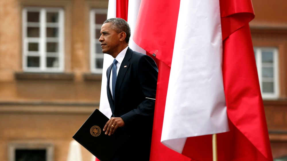 U.S President Barack Obama takes to the stage to speak at a Freedom Day event at Royal Square in Warsaw