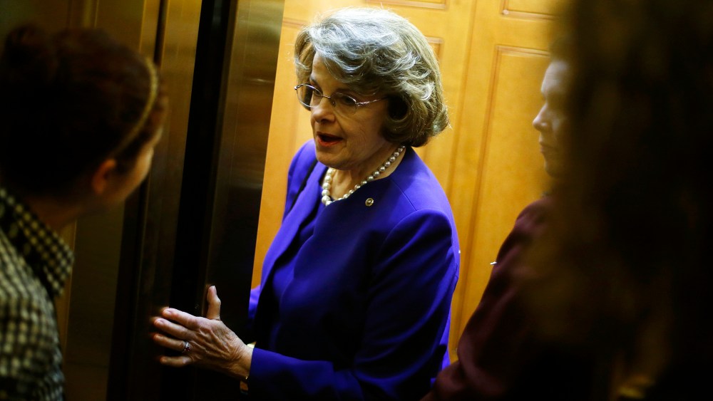 U.S. Senator Dianne Feinstein (D-Calif.) talks to a reporter as she departs following the weekly Democratic caucus policy luncheon at the U.S. Capitol in Washington, D.C., June 24, 2014.