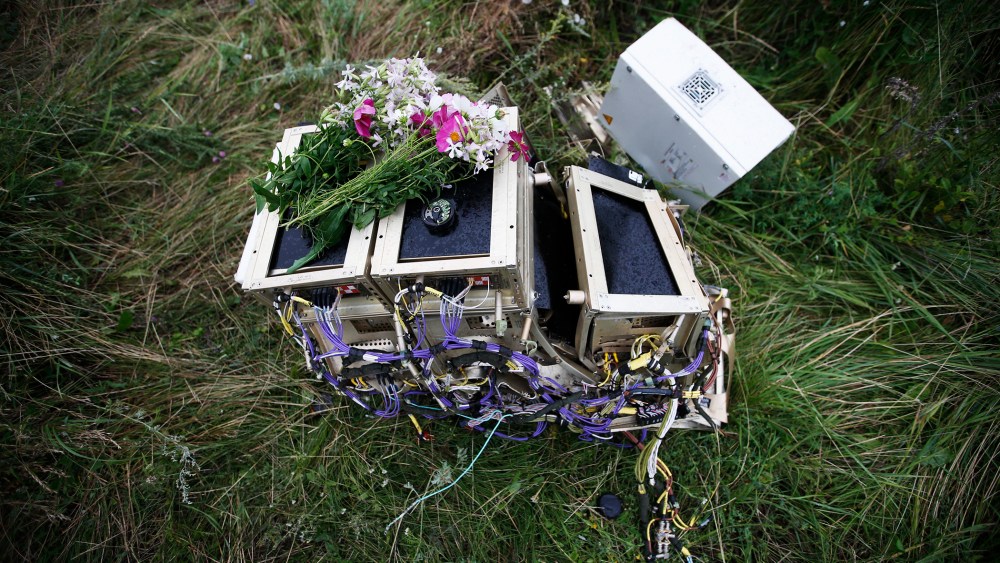 Flowers lie on debris from a Malaysian Airlines Boeing 777 plane which was downed on Thursday near the village of Rozsypne, in the Donetsk region July 18, 2014.