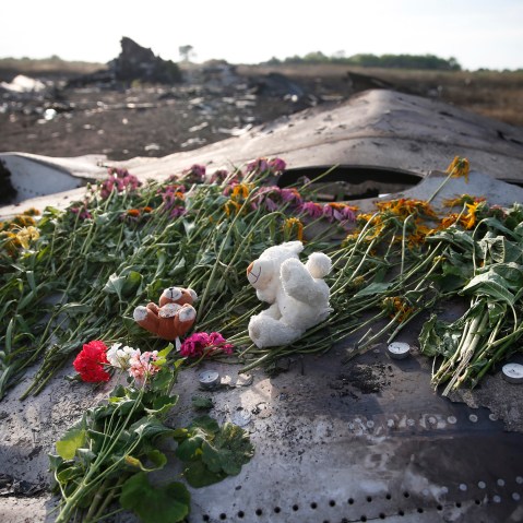 Flowers and mementos lie on wreckage at the crash site of Malaysia Airlines Flight MH17, near the settlement of Grabovo in the Donetsk region of Ukraine, July 19, 2014.