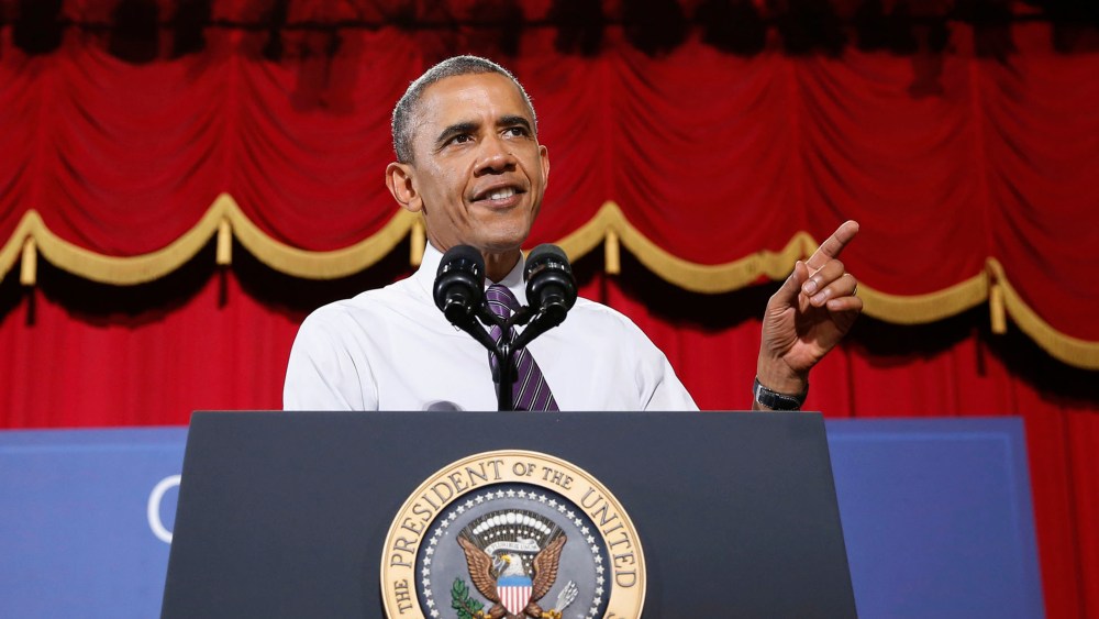 U.S. President Barack Obama speaks at the Uptown Theater in Kansas City, Missouri, July 30, 2014.