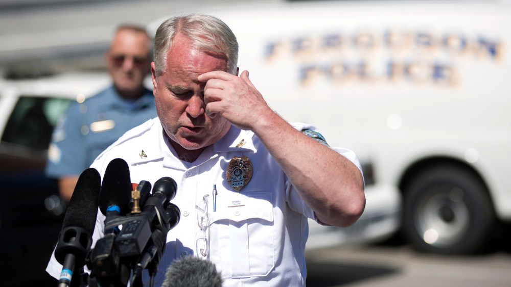Police Chief Thomas Jackson speaks during a news conference at the police headquarters in Ferguson, Mo., Aug., 13, 2014.