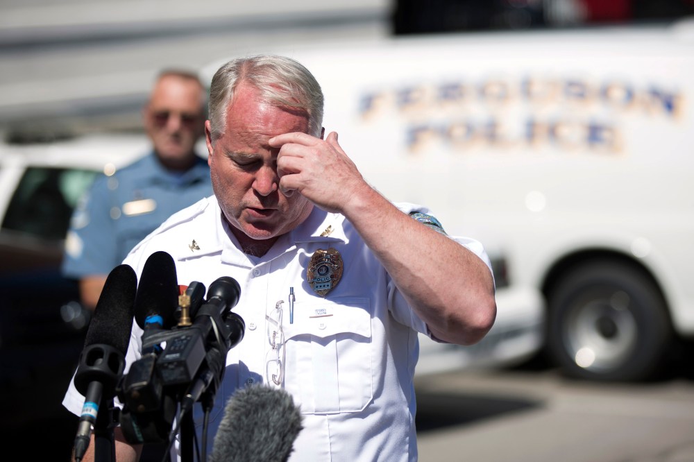Police Chief Thomas Jackson speaks during a news conference at the police headquarters in Ferguson, Mo., Aug., 13, 2014.