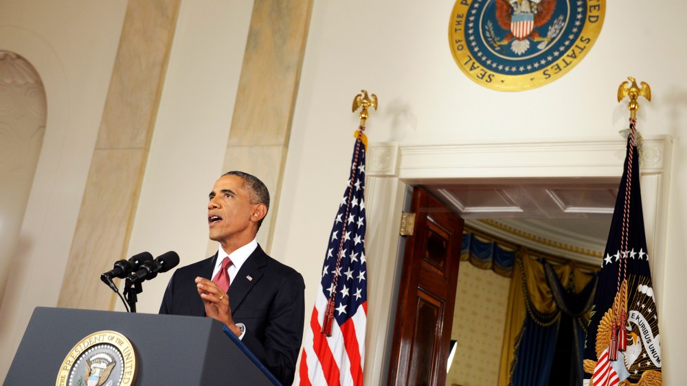 U.S. President Barack Obama delivers a live televised address to the nation on his plans for military action against the Islamic State, from the Cross Hall of the White House in Washington, D.C., Sept. 10, 2014.