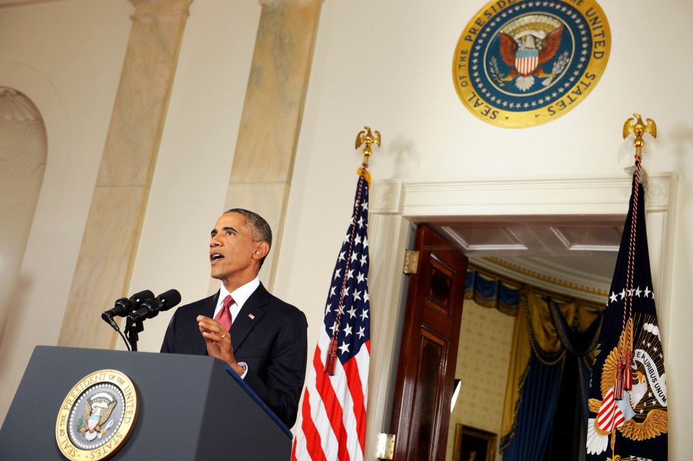 U.S. President Barack Obama delivers a live televised address to the nation on his plans for military action against the Islamic State, from the Cross Hall of the White House in Washington, D.C., Sept. 10, 2014.