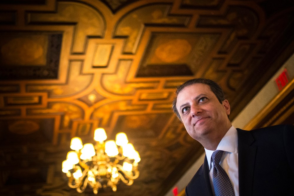 Preet Bharara, U.S. Attorney for the Southern District of New York, greets attendees after speaking at a forum in New York, N.Y., on Sept. 30, 2014. (Photo by Adrees Latif/Reuters)