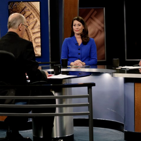 Republican U.S. Senate Minority Leader Mitch McConnell (R) and Democratic U.S. Senate candidate Alison Lundergan Grimes (L) prepare for their debate at the Kentucky Education Television network headquarters in Lexington, Ky on Oct. 13, 2014.