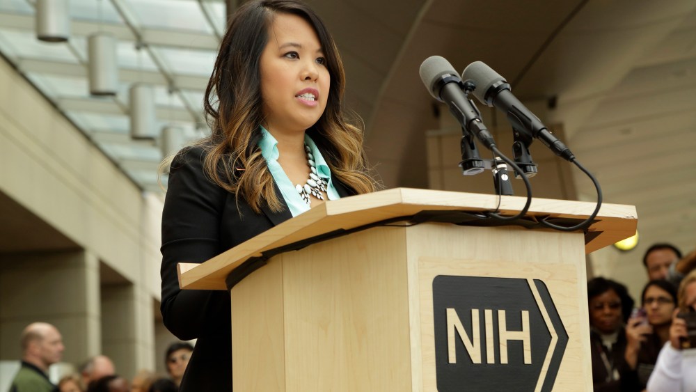 Dallas nurse Nina Pham speaks during a news conference at the National Institutes of Health (NIH) in Bethesda, Maryland in this Oct. 24, 2014. (Photo by National Institutes of Health/Handout via Reuters)