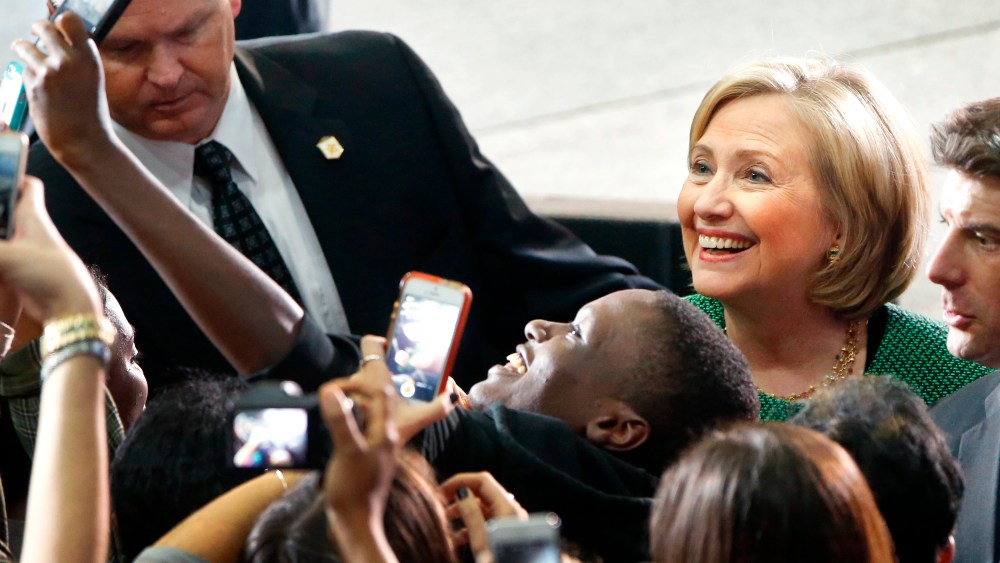 Former U.S. Secretary of State Hillary Clinton greets supporters after a campaign rally for Maryland Lieutenant Governor Anthony Brown in Maryland