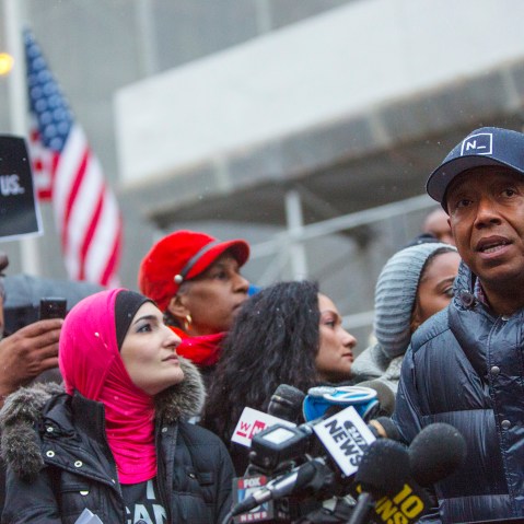 Rap mogul Russell Simmons speaks at a news conference along with members of Justice League NYC to present a list of demands in New York