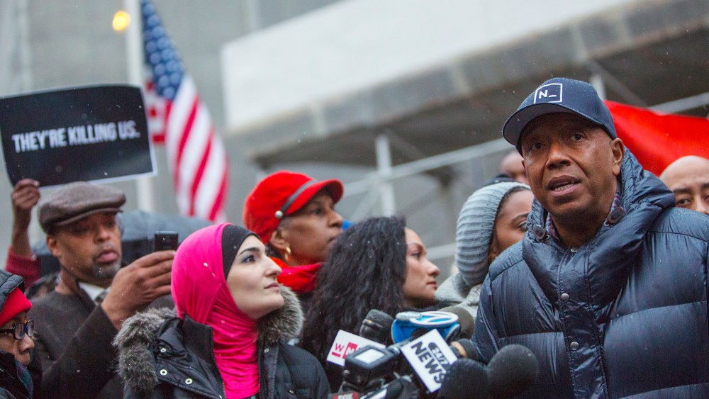 Rap mogul Russell Simmons speaks at a news conference along with members of Justice League NYC to present a list of demands in New York
