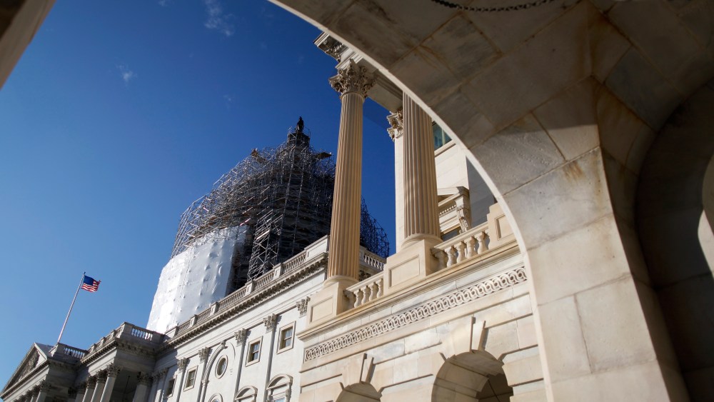 A general view of the U.S. Capitol dome can be seen to the carriage entrance to the U.S. Senate in Washington