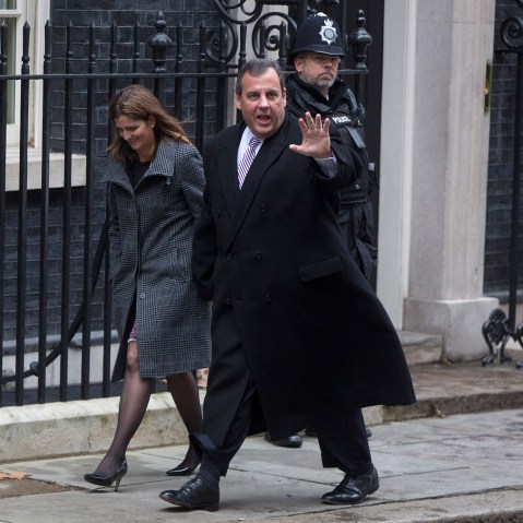 New Jersey Governor Chris Christie and his wife Mary Pat Christie arrive to meet with Britain's Chancellor of the Exchequer, George Osborne, at Downing Street in London