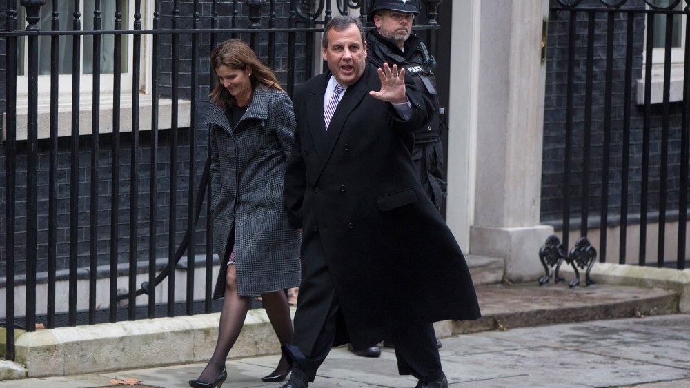 New Jersey Governor Chris Christie and his wife Mary Pat Christie arrive to meet with Britain's Chancellor of the Exchequer, George Osborne, at Downing Street in London
