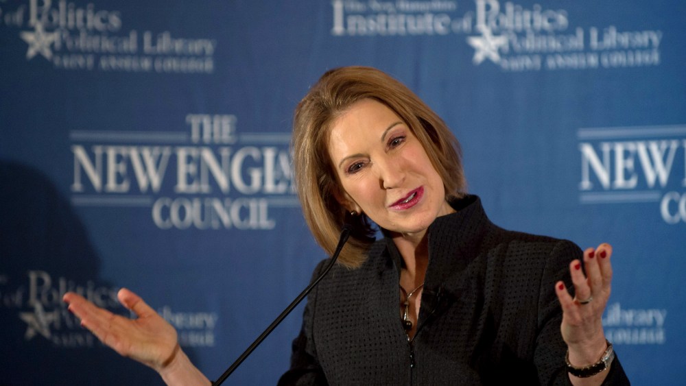 Former Hewlett-Packard Chief Executive Carly Fiorina speaks at the New England Council's "Politics and Eggs" breakfast in Bedford, N.H., Feb. 10, 2015. (Photo by Gretchen Ertl/Reuters)