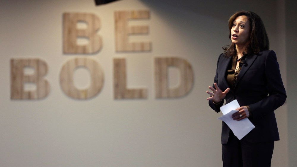California Attorney General Kamala Harris speaks at the Facebook headquarters in Menlo Park, Calif., Feb. 10, 2015. Harris, who is seeking a U.S. Senate seat, addressed a group of students on Safer Internet Day. (Photo by Robert Galbraith/Reuters)
