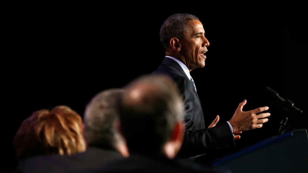 President Barack Obama speaks at the General Session of the 2015 Democratic National Committee Winter Meeting in Washington Feb. 20, 2015. (Photo by Kevin Lamarque/Reuters)