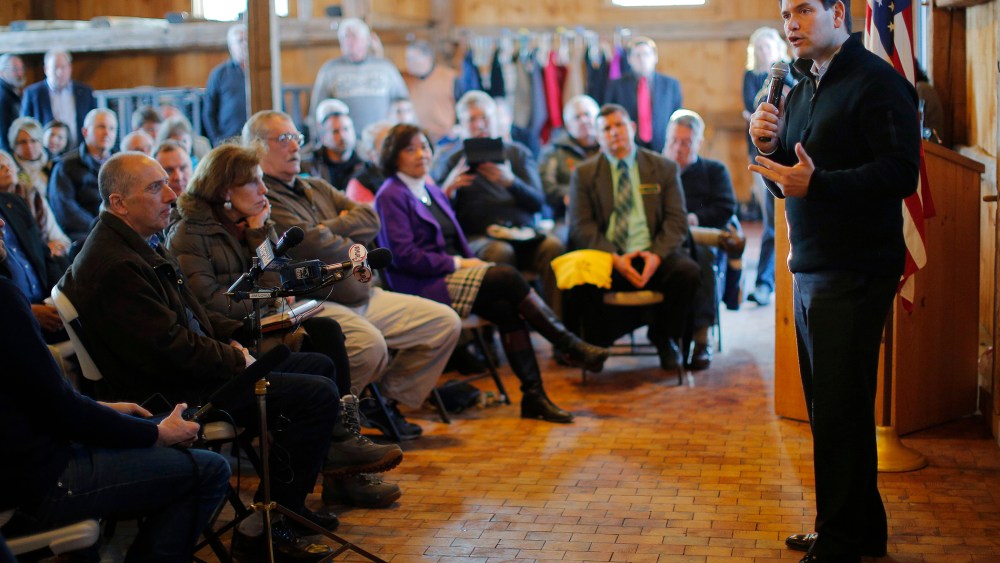Republican U.S. Senator and possible presidential candidate for 2016 Marco Rubio (R-FL) (R) speaks during an appearance in Hollis, N.H. on Feb.23, 2015.