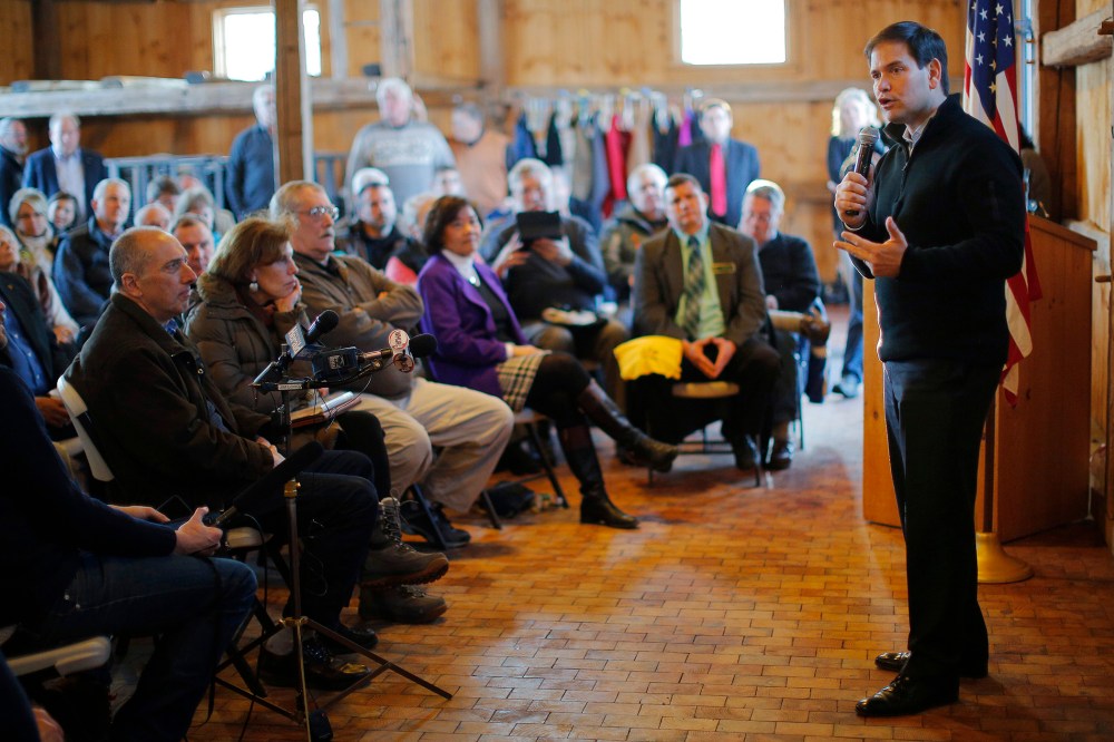 Republican U.S. Senator and possible presidential candidate for 2016 Marco Rubio (R-FL) (R) speaks during an appearance in Hollis, N.H. on Feb.23, 2015.