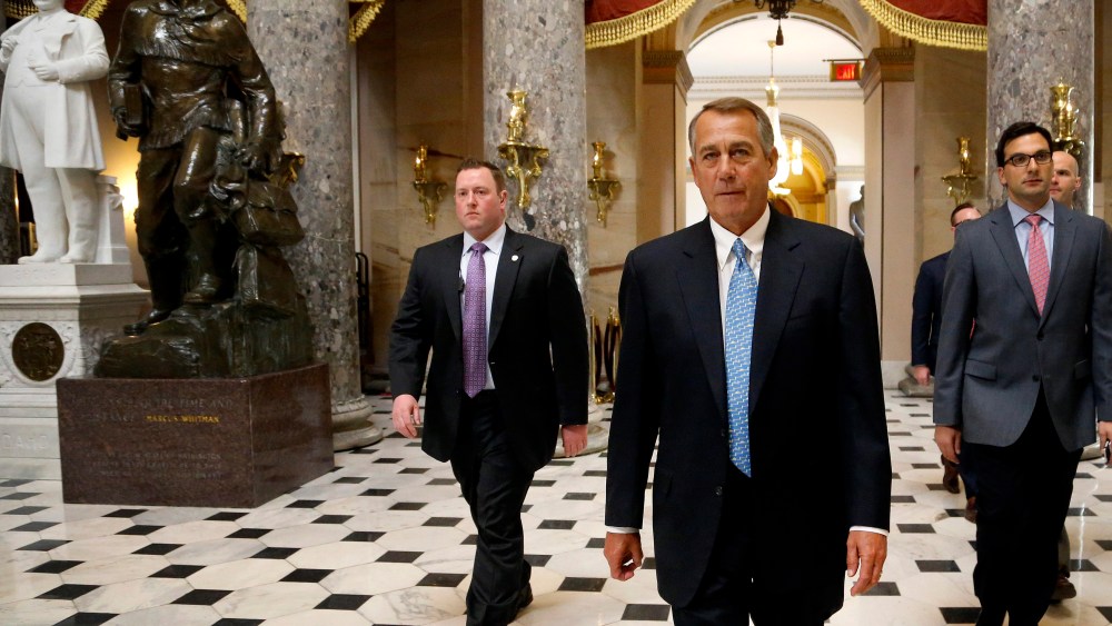 US House Speaker John Boehner returns to his office after a visit to the House floor for procedural votes for legislation to fund the Department of Homeland Security at the Capitol in Washington, Feb. 27, 2015. (Photo by Jonathan Ernst/Reuters)