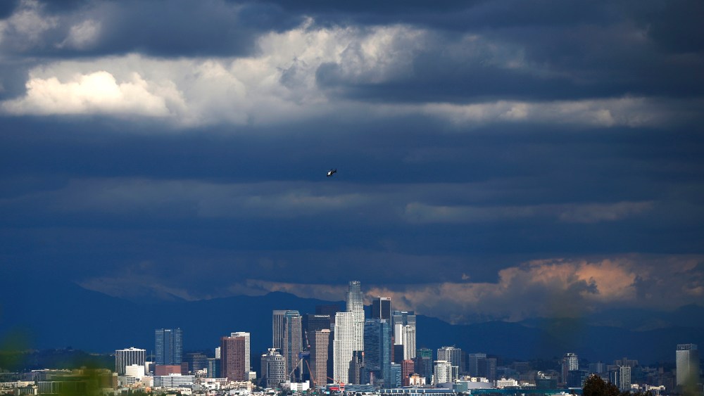 Rain clouds move in over downtown Los Angeles, Calif., March 2, 2015. (Photo by Lucy Nicholson/Reuters)