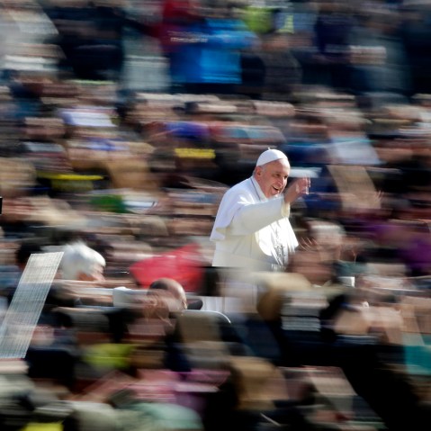 Pope Francis waves as he arrives during the general audience in St. Peter's Square at the Vatican March 4, 2015. (Photo by Max Rossi/Reuters)
