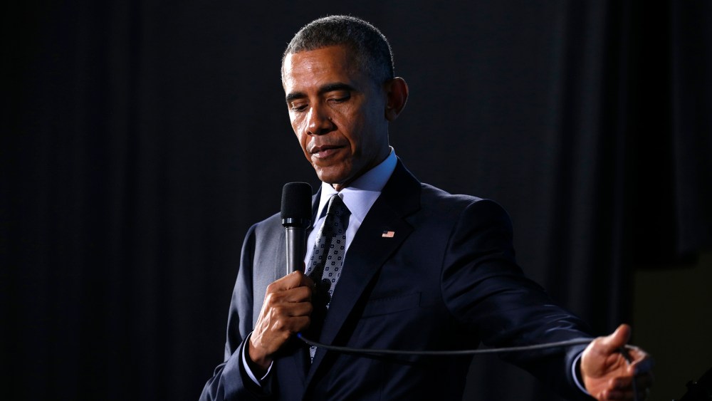 President Barack Obama pauses while speaking during an event in Ohio March 18, 2015. (Photo by Kevin Lamarque/Reuters)