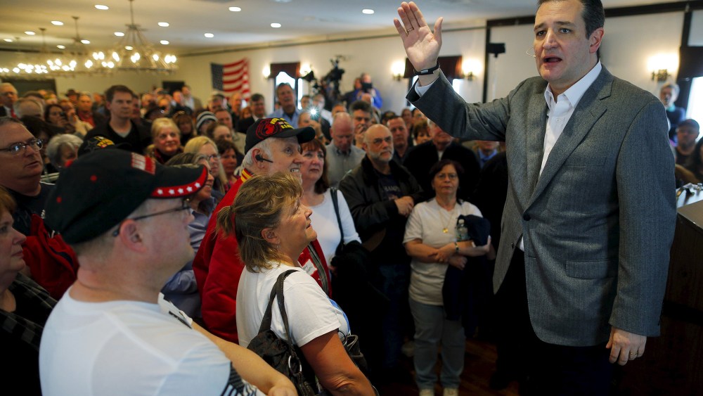 Republican presidential candidate U.S. Senator Ted Cruz (R-TX) speaks during a campaign stop at the V.F.W. Hall in Merrimack, N.H. on March 27, 2015. (Photo by Brian Snyder/Reuters)