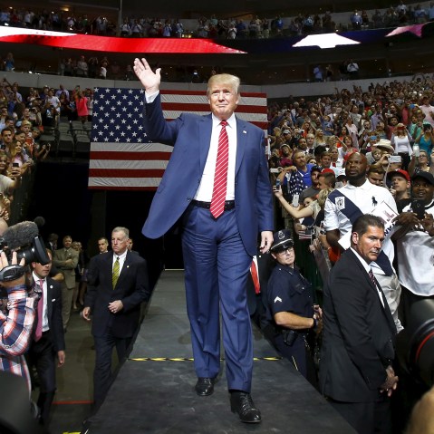 Republican presidential candidate Donald Trump enter the arena for a rally in Dallas, Texas Sept. 14, 2015. (Photo by Mike Stone/Reuters)