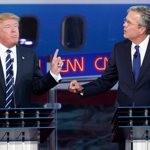 Republican U.S. presidential candidates businessman Donald Trump and former Fla. Governor Jeb Bush debate at the Ronald Reagan Presidential Library in Simi Valley, Calif. on Sept. 16, 2015. (Photo by Lucy Nicholson/Reuters)