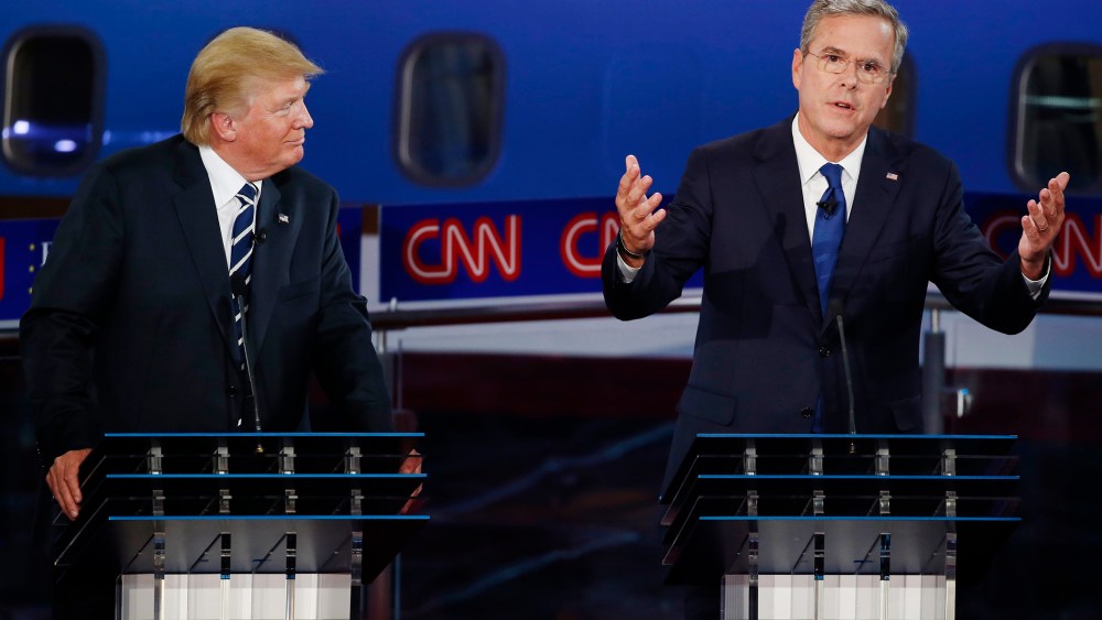 Donald Trump looks on as former Florida Governor Jeb Bush speaks during the second official Republican presidential candidates debate at the Ronald Reagan Presidential Library in Simi Valley, Calif, Sept. 16, 2015. (Photo by Lucy Nicholson/Reuters)