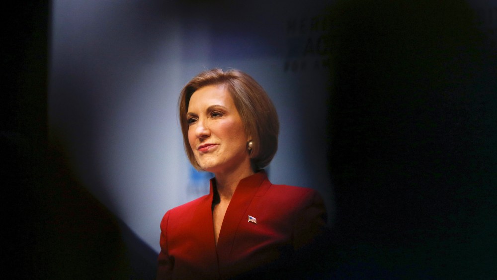 U.S. Republican presidential candidate and former CEO Carly Fiorina pauses while speaking during the Heritage Action for America presidential candidate forum in Greenville, S.C. on Sept. 18, 2015. (Photo by Chris Keane/Reuters)