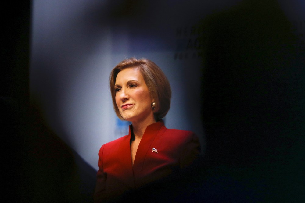 U.S. Republican presidential candidate and former CEO Carly Fiorina pauses while speaking during the Heritage Action for America presidential candidate forum in Greenville, S.C. on Sept. 18, 2015. (Photo by Chris Keane/Reuters)