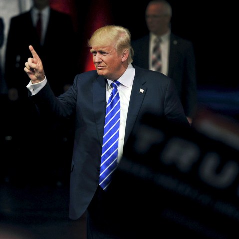 U.S. Republican Presidential candidate Donald Trump gestures as he greets the audience after speaking at a rally in Las Vegas, Nev., Oct. 8, 2015. (Photo by David Becker/Reuters)