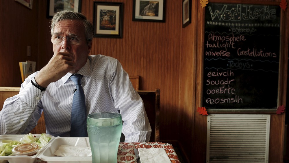 U.S. Republican presidential candidate Jeb Bush listens to a question during an interview at Nonie's Restaurant in Peterborough, NH., Oct. 13, 2015. (Photo by Brian Snyder/Reuters)