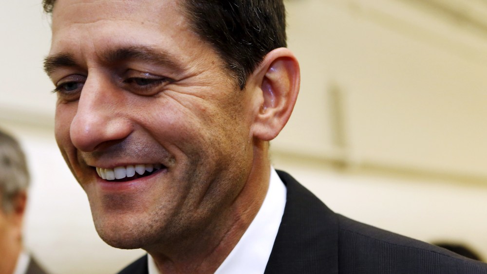U.S. Representative Paul Ryan (R-WI) smiles as he walks at the end of the day of the House Freedom Caucus meeting on Capitol Hill in Washington Oct. 21, 2015. (Photo by Yuri Gripas/Reuters)
