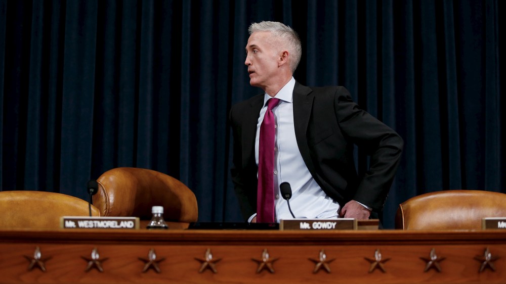 Committee Chairman, U.S. Representative Trey Gowdy arrives before Hillary Clinton testifies before his House Select Committee on Benghazi about the attack on a U.S. diplomatic mission in Benghazi, Libya, Oct. 22, 2015. (Photo by Jonathan Ernst/Reuters)