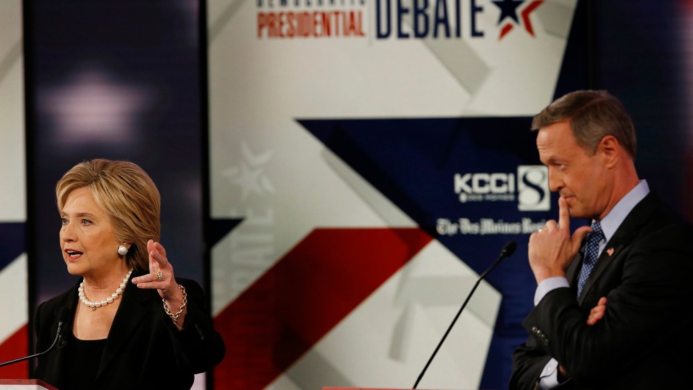 U.S. presidential candidates Hillary Clinton and Martin O'Malley during the second official 2016 U.S. Democratic presidential candidates debate in Des Moines, Ia., Nov. 14, 2015. (Photo by Jim Young/Reuters)