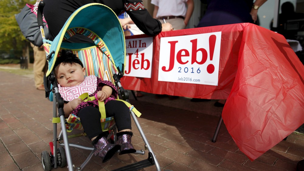 Eight-month-old Mary Elizabeth Parsons is wheeled into a campaign "meet and greet" for U.S. Republican presidential candidate Jeb Bush at Wholly Smokin BBQ, Florence, S.C., Nov. 17, 2015. (Photo by Randall Hill/Reuters)