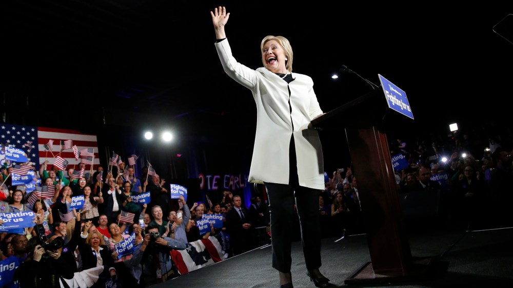 Democratic presidential candidate Hillary Clinton waves as she speaks to supporters at her Super Tuesday primary night party in Miami, Fla., March 1, 2016. (Photo by Jonathan Ernst/Reuters)