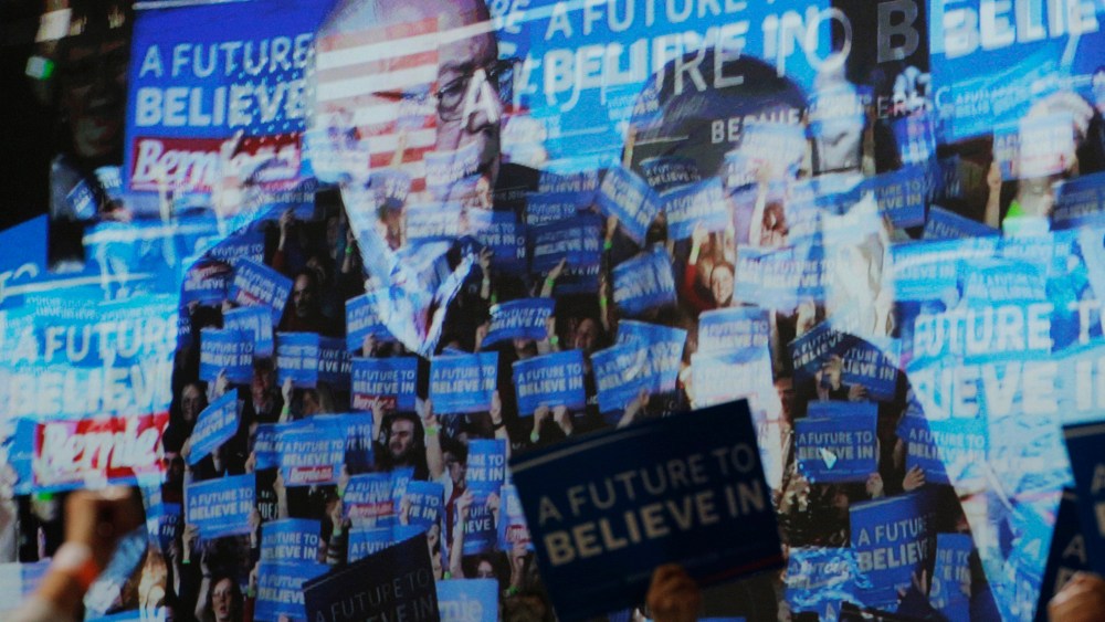 The video screen shows Democratic presidential candidate and Senator Bernie Sanders, his wife Jane and their supporters at his Super Tuesday rally in Burlington, Vt., March 1, 2016. (Photo by Brian Snyder/Reuters)