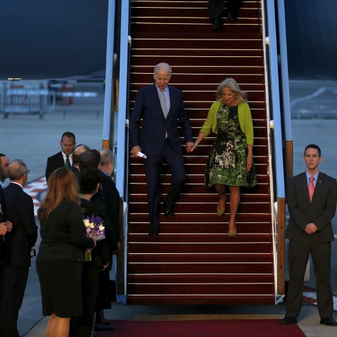 U.S. Vice President Joe Biden and his wife Jill disembark from a plane upon landing at Ben Gurion International Airport in Lod, near Tel Aviv, Israel, March 8, 2016. (Photo by Baz Ratner/Reuters)
