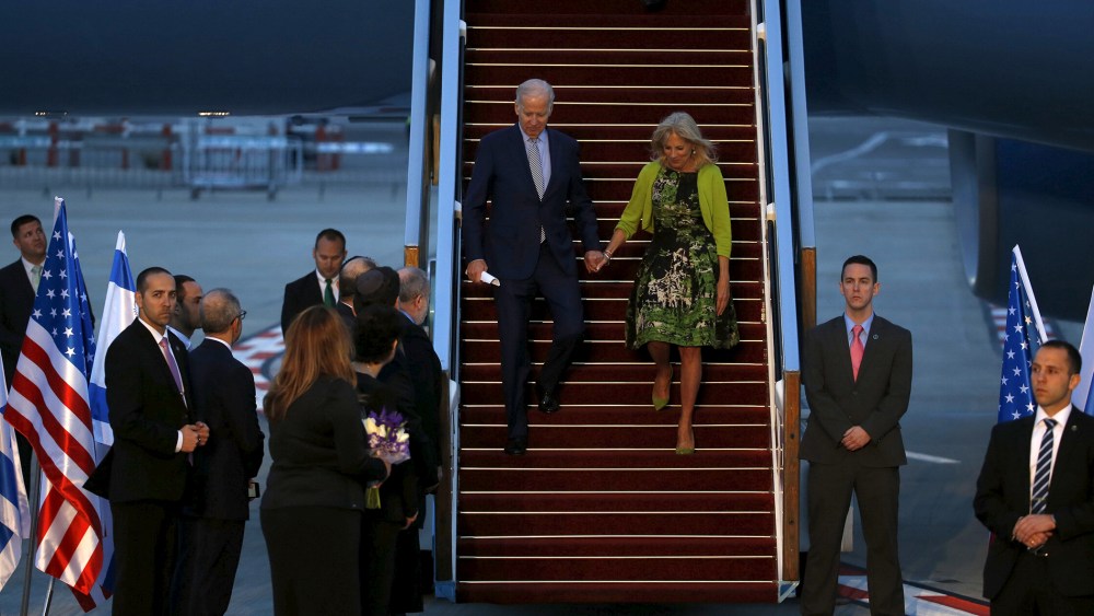 U.S. Vice President Joe Biden and his wife Jill disembark from a plane upon landing at Ben Gurion International Airport in Lod, near Tel Aviv, Israel, March 8, 2016. (Photo by Baz Ratner/Reuters)