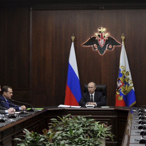 Russian President Vladimir Putin chairs a meeting with members of the Security Council at the National defense control centre in Moscow, Russia, March 11, 2016. (Photo by Mikhail Klimentyev/Reuters)