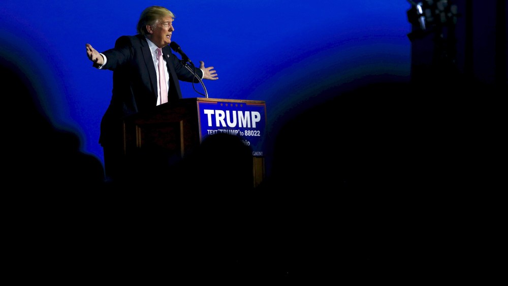 Republican presidential candidate Donald Trump speaks at a campaign rally at Winner Aviation in Youngstown, Ohio, March 14, 2016. (Photo by Aaron Bernstein/Reuters)