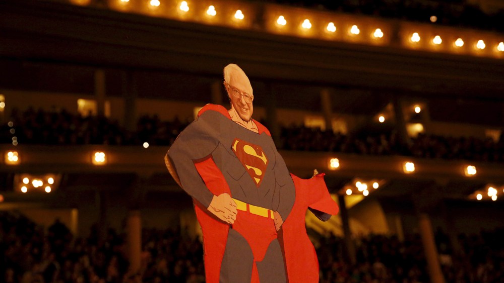 A cardboard cutout of Democratic presidential candidate Bernie Sanders at a rally at the Auditorium Theatre of Roosevelt University in Chicago, Ill., March 14, 2016.