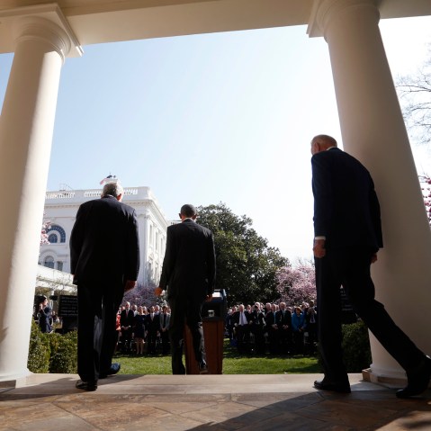 President Barack Obama is followed to the podium by his nominee to the Supreme Court and Vice President Joe Biden in the Rose Garden of the White House in Washington, March 16, 2016. (Photo by Kevin Lamarque/Reuters)