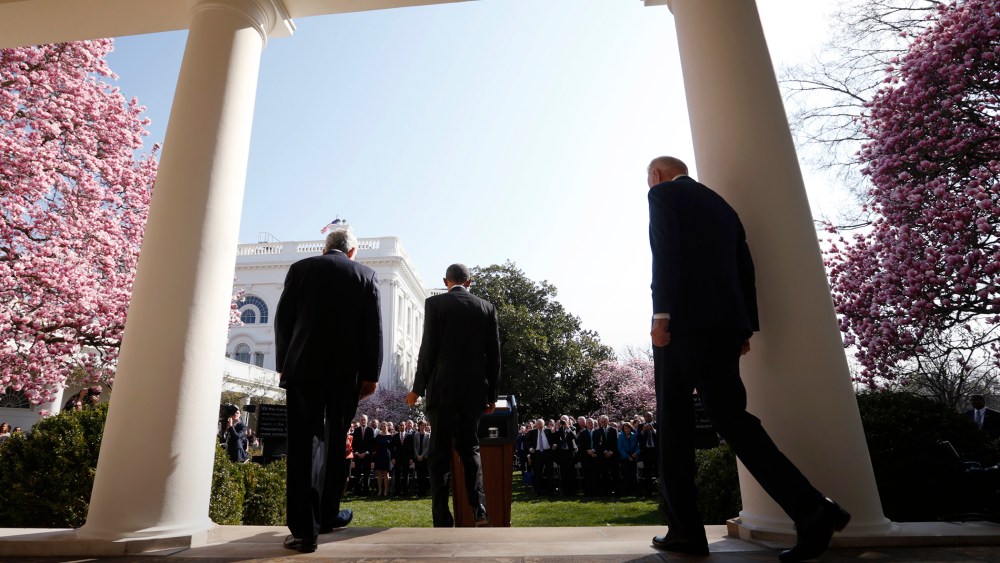 President Barack Obama is followed to the podium by his nominee to the Supreme Court and Vice President Joe Biden in the Rose Garden of the White House in Washington, March 16, 2016. (Photo by Kevin Lamarque/Reuters)