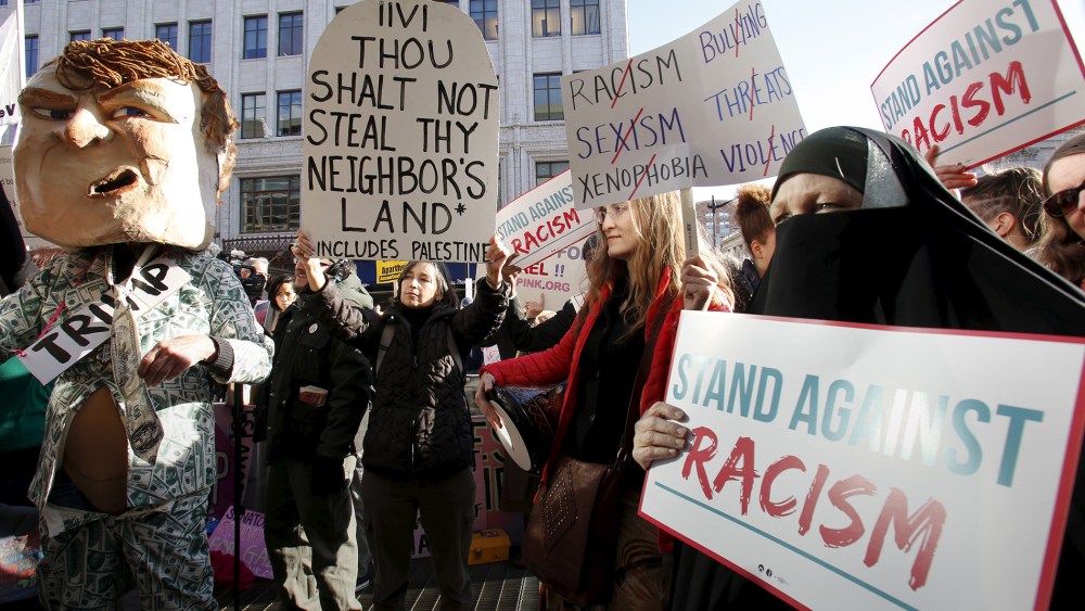 Anti-Trump protesters rally outside during the American-Israeli Public Affairs Committee (AIPAC) Conference at the Verizon Center in Washington, March 21, 2016. (Photo by Yuri Gripas/Reuters)